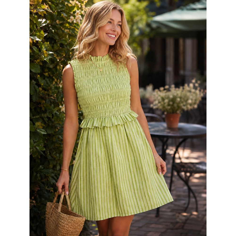 Hyacinth House Tuckernuck Green Stripe Smocked Ruffle Preppy Resort Mini Dress S
